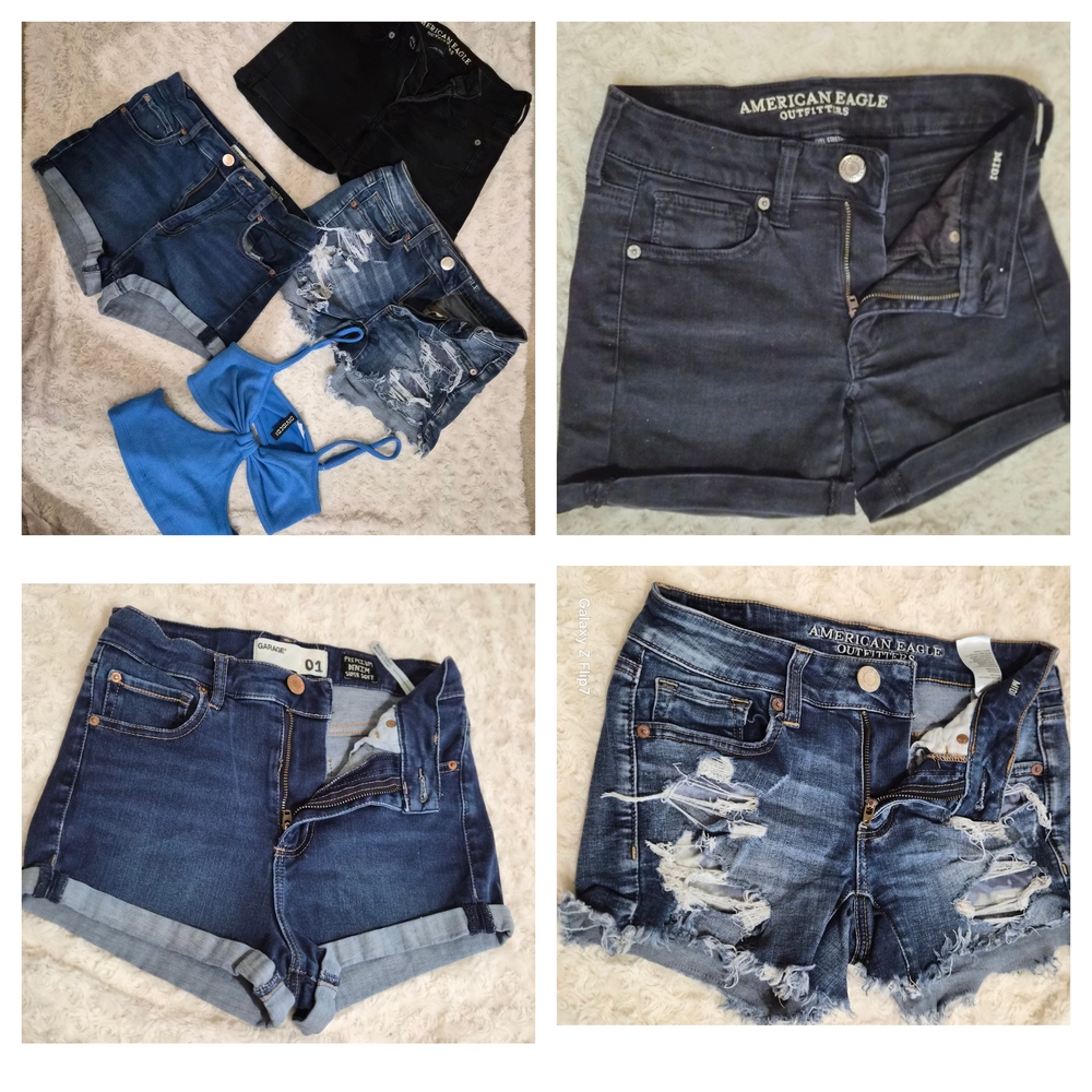American Eagle Outfitters Women's Distressed Denim Shorts - Blue and Black
